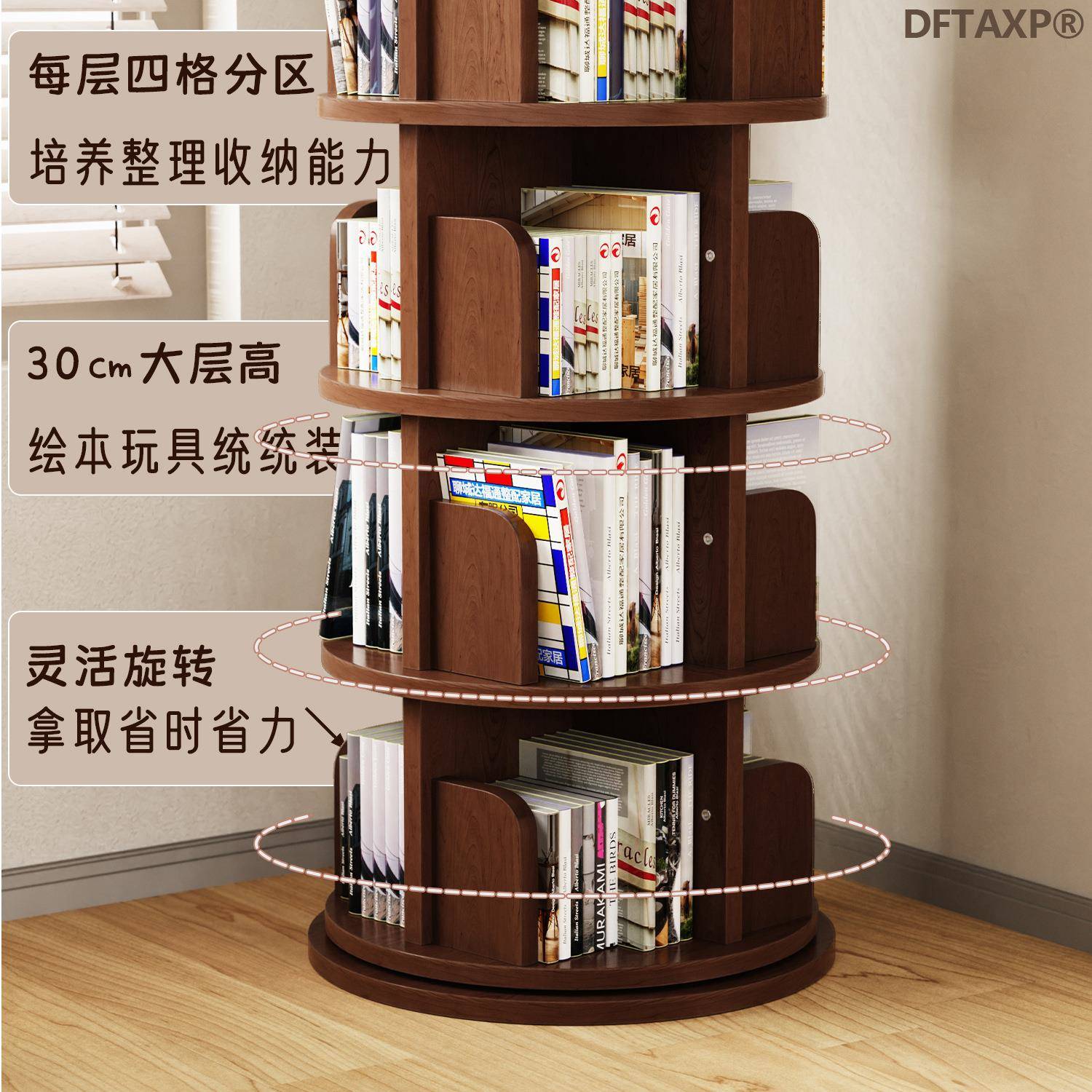 实木旋转书架书柜儿童落地阅读绘本收纳架家用学生玩具收纳置物架