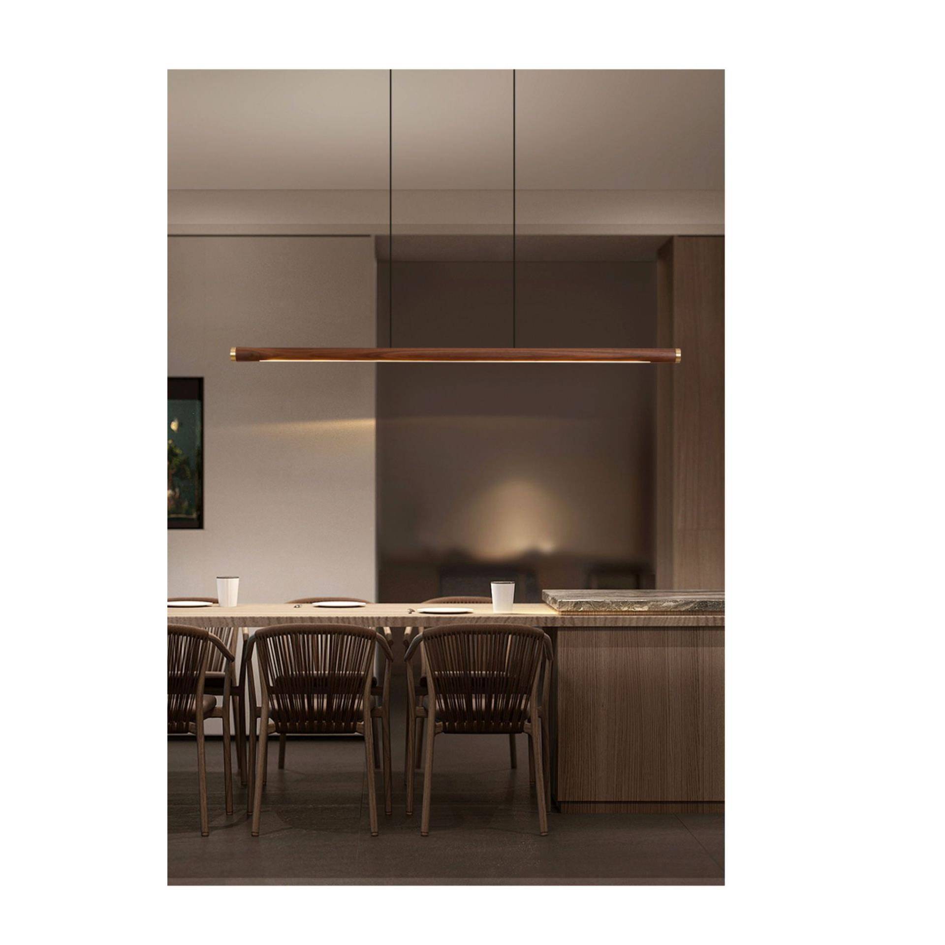 新中全式现餐厅灯吊灯代简约胡桃木铜茶室长Hguangru条具极简轻奢