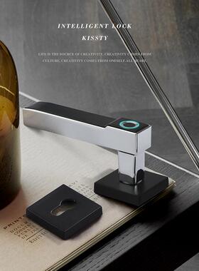 公黑色室内卧室书房办门把手木门8子65921锁静音5分体智电能指纹