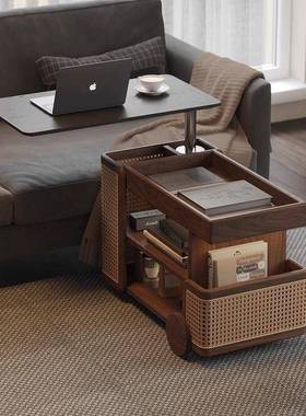 实AJM升桃降旋茶几可移动小推车巴士边几黑胡木家用转客厅木沙发