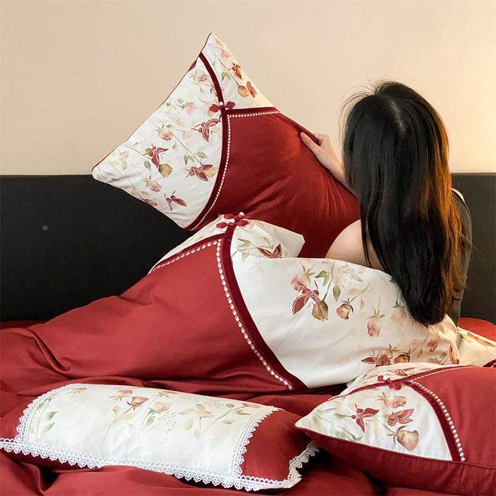 10结s贡缎长绒棉红色喜庆0婚嫁四件无品牌/绣花款床套单被套新婚