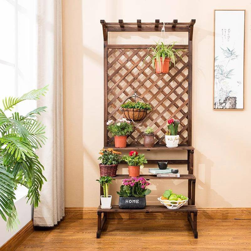 内木梯制阳台阶花架木质多室层格栅XDF绿萝吊兰实挂花架子爬藤架