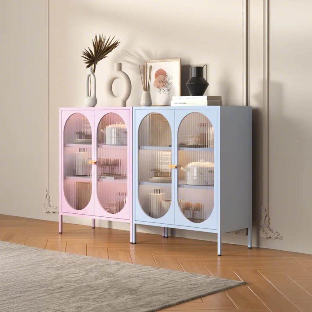 厨房储置物收约纳柜奶油清厨房收纳新风水物茶铁皮柜简玻璃门款客