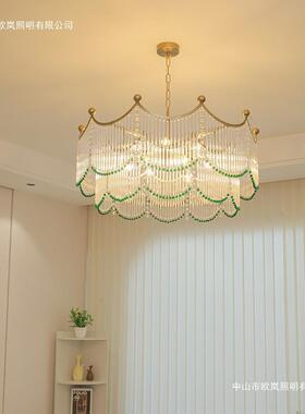 法奶油复古绿色苏圆轻球水式晶流玻璃条客厅吊JPQ灯美式现代奢餐