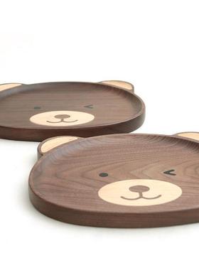 可创意北美黑胡桃木卡通熊托盘式爱点心盘木CLZ质家用儿日童餐实