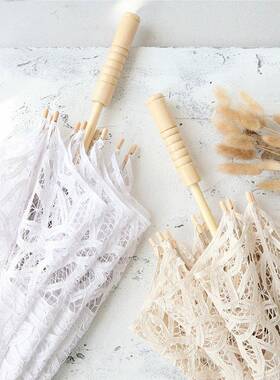 7YX复古蕾丝礼伞女写木质直杆DNU伞婚庆拍婚摄婚拍照真白色结工