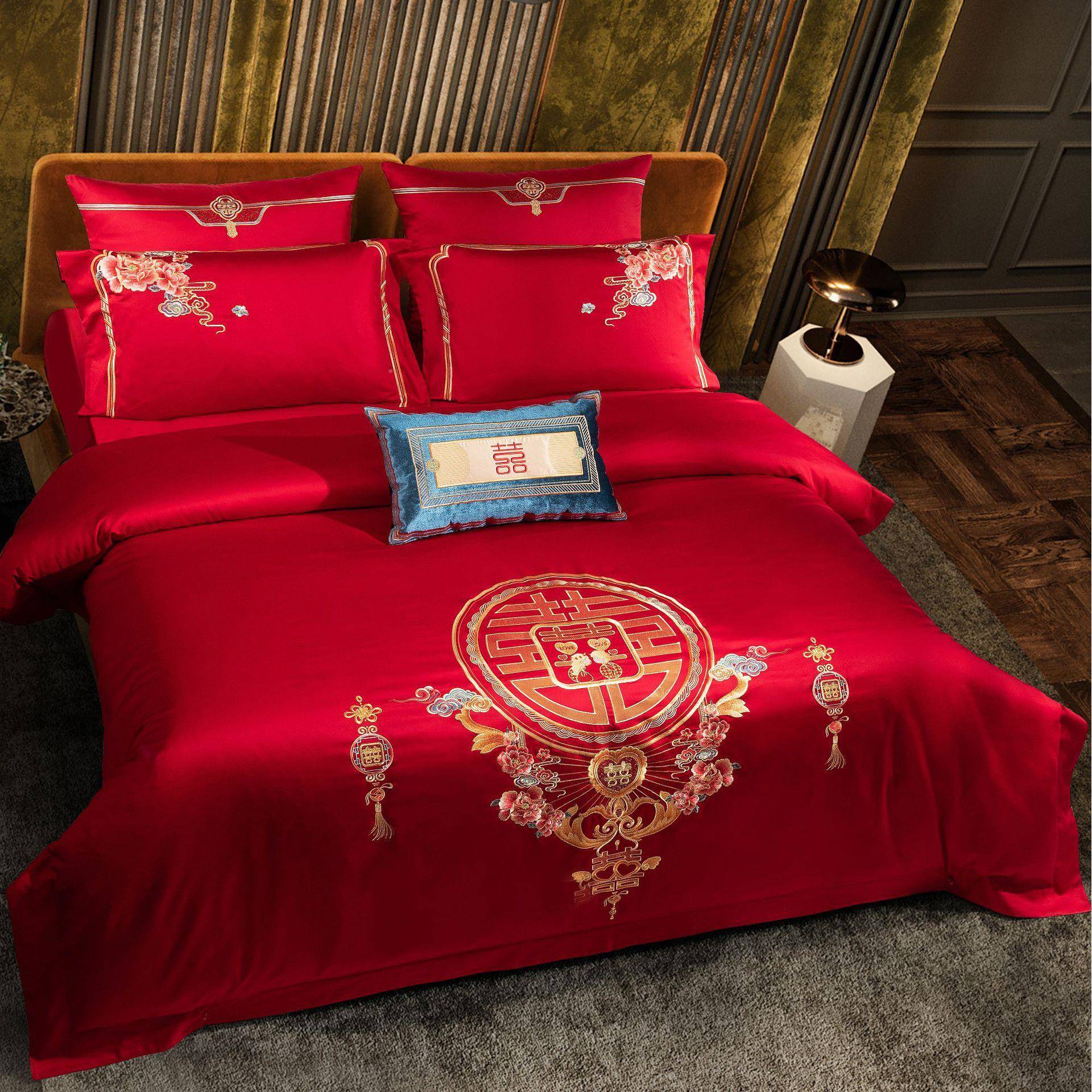色新刺婚庆四件套大红全棉绣QNH结婚房喜棉被套床盖款八件套床上