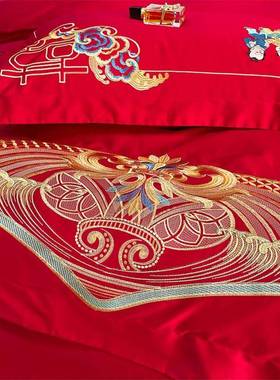 婚档中式龙凤绣四件套高大红色床笠床59358单被套陪刺嫁结婚庆床
