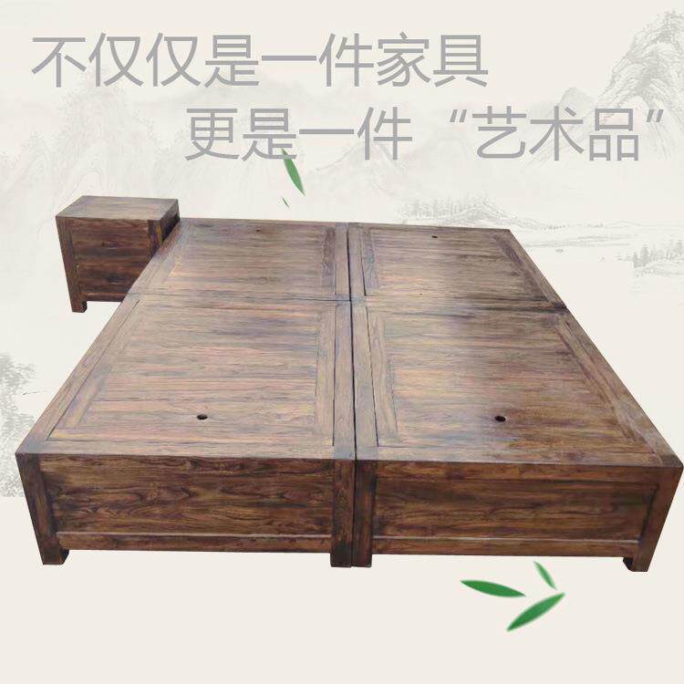 实老木床榻榻床全木卧室落42272地式双人床米箱体床抽屉移动榆床