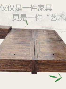 实老木床榻榻床全木卧室落42272地式双人床米箱体床抽屉移动榆床