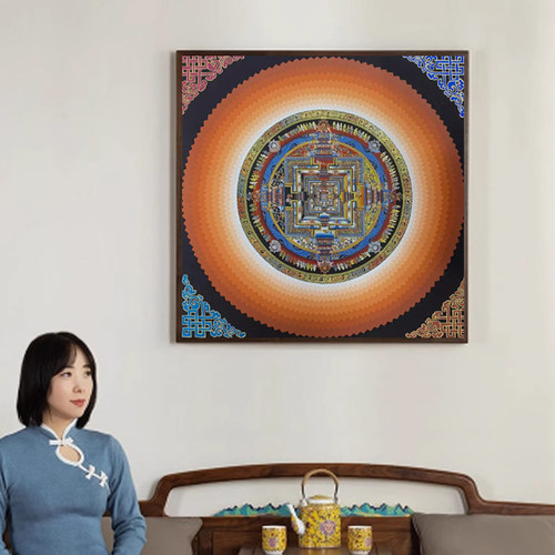 《唐卡时轮金刚坛城》客厅玄关背景装饰画复古大气玄关沙发装饰画