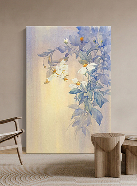 法式浪漫白玉兰背景墙壁画新中式玄关装饰画客厅抽象花卉紫色挂画