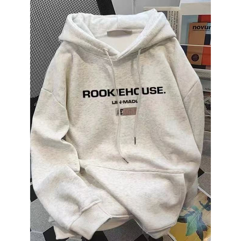 纯棉欧美潮牌设计字母白灰色连帽卫衣秋冬季宽松加绒男女学生上衣