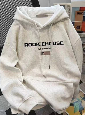 纯棉欧美潮牌设计字母白灰色连帽卫衣秋冬季宽松加绒男女学生上衣
