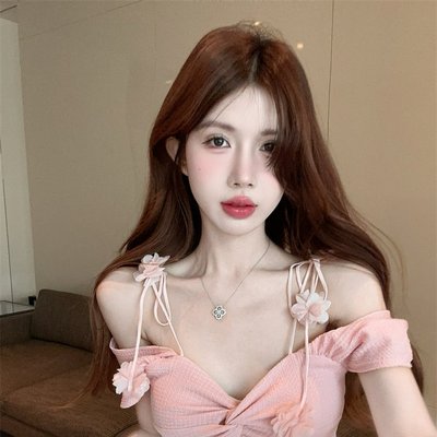 实拍 纯欲小个子花朵绑带修身显瘦设计感交叉性感露肩上衣