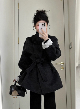 高级感灰色毛呢外套女2025秋冬新款系带收腰呢子大衣小个子超好看
