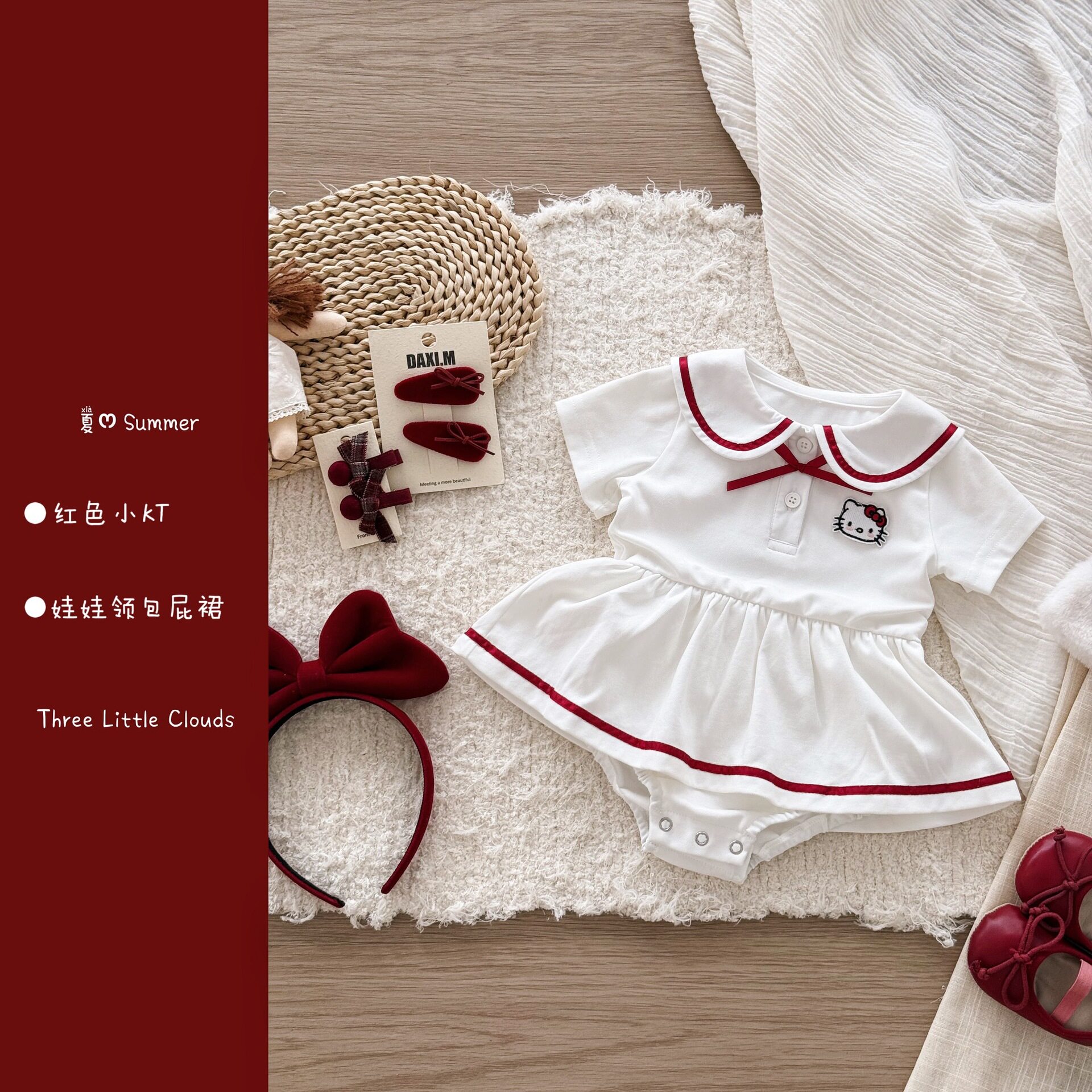 夏季婴幼儿童纯棉短袖包屁衣女宝宝海军风kt猫咪娃娃领爬服哈衣裙