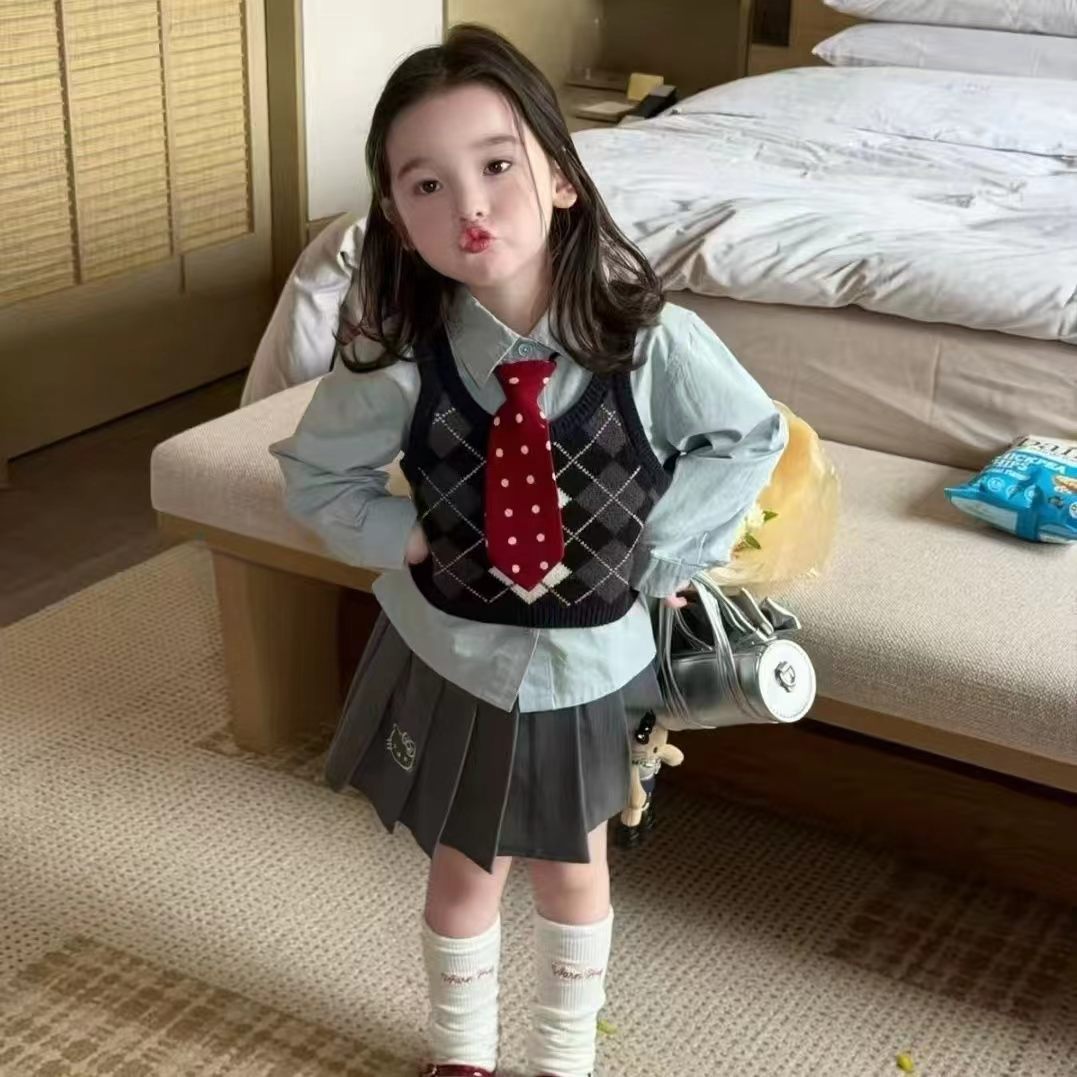 女童秋季学院风针织马甲短裙套装图片
