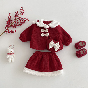 女童冬季新款拜年服儿童宝宝加绒毛绒绒红色套装裙加厚外套半身裙