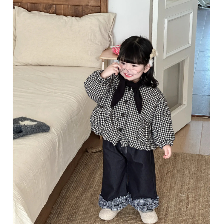 女童冬季加厚套装儿童格子拼接夹棉加厚棉衣加绒牛仔阔腿裤两件套