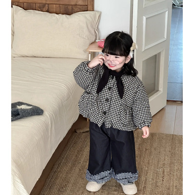 女童冬季加棉棉服加绒牛仔裤套装