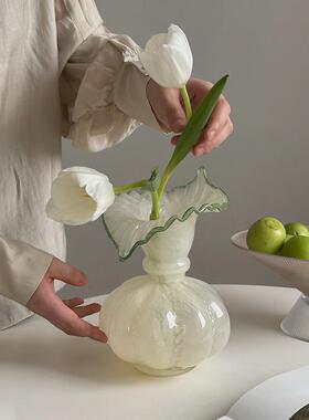 小清新芬顿奶油风绿色玻璃花瓶法式浪漫复古芍药花器透明水养插花