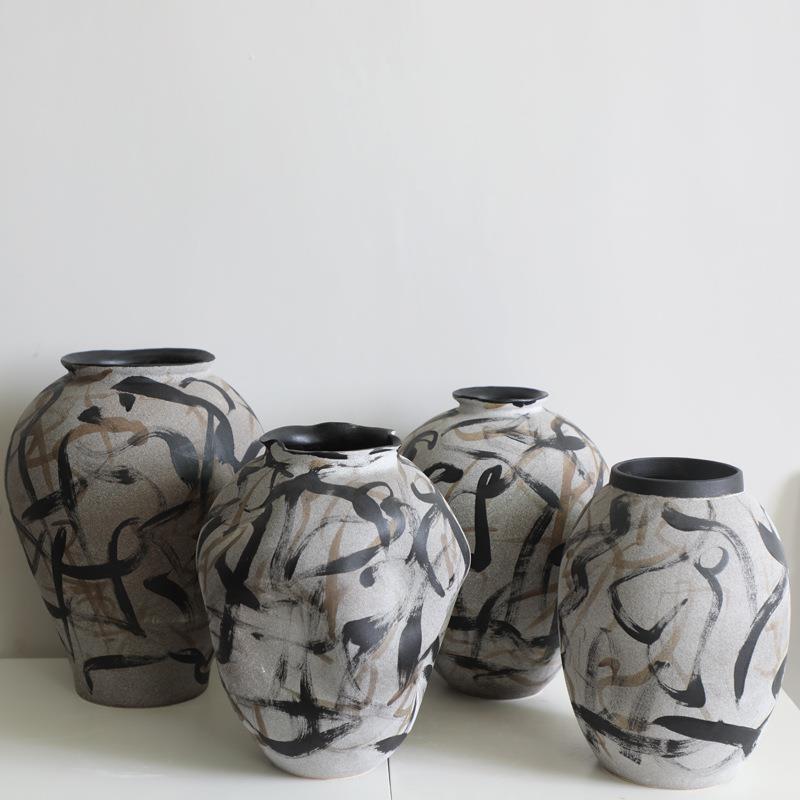 新中式手绘书法禅意陶罐陶瓷花瓶样板房玄关装饰民宿日式酒店软装