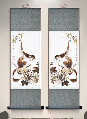 瑞雪聚猴 国画水墨画风客TZD厅装挂饰画猴子财图招画水画丝绸画卷