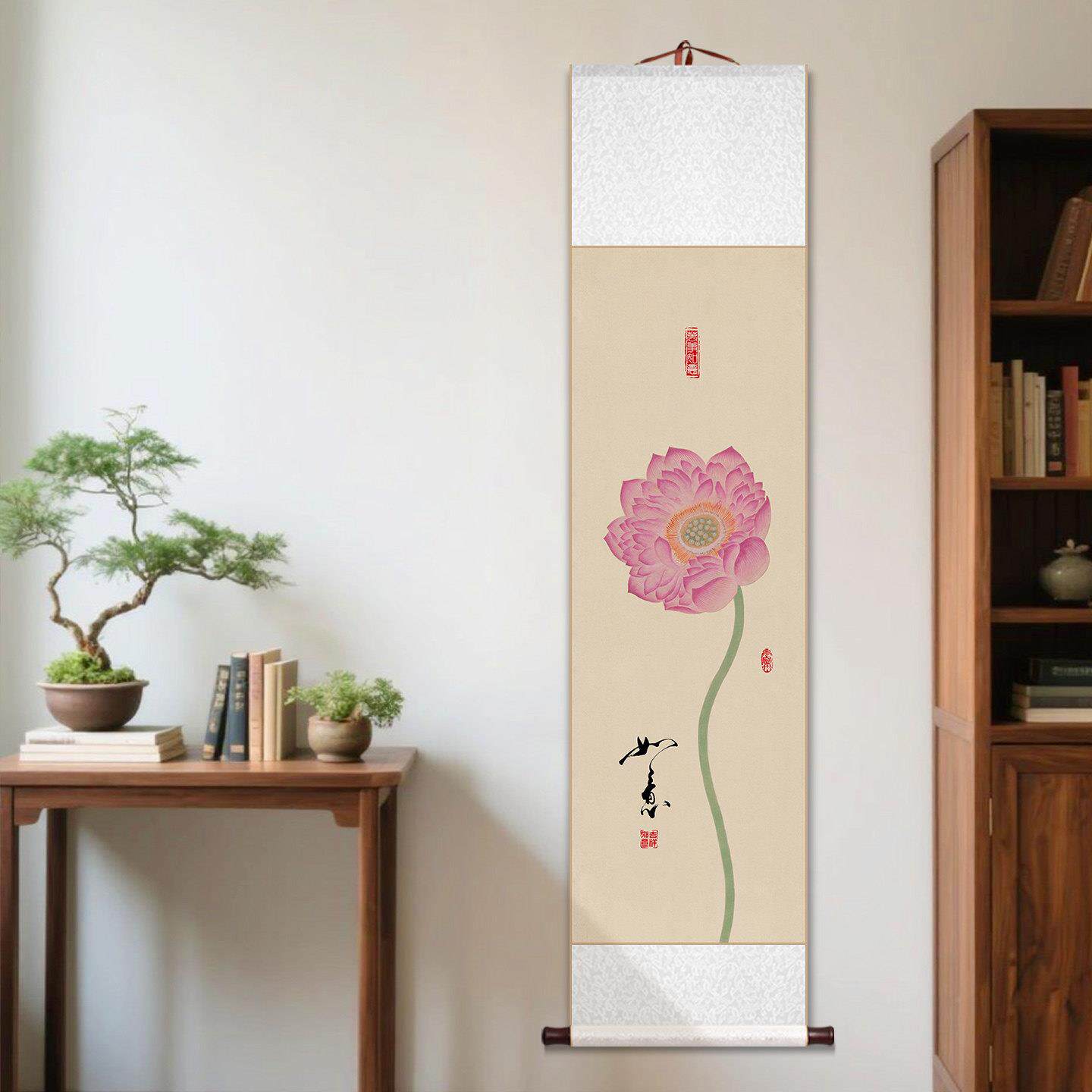 禅意荷茶花卷轴挂画新书中701290式意境莲花室装饰画客厅房玄关过