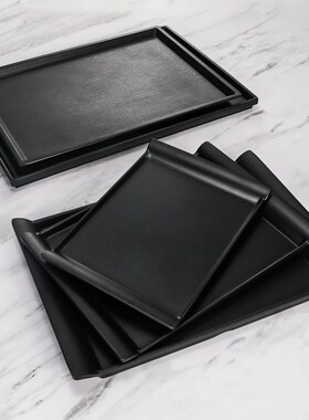 速发黑色托盘密胺餐方创意长具形盘子商料塑用特色上菜专用烧烤店