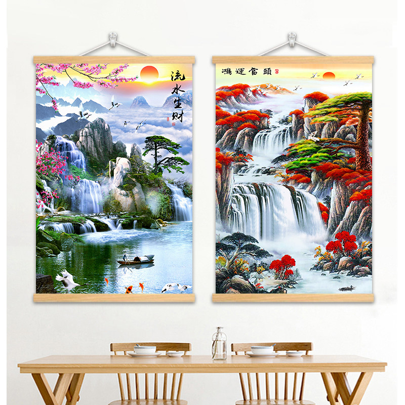 速发财水生流实木卷轴挂画山画客厅装饰水玄关入户走廊书房背景墙