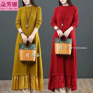 速发秋冬本松年宽命长码大款过膝连衣裙打底毛衣妈妈装配大衣针织