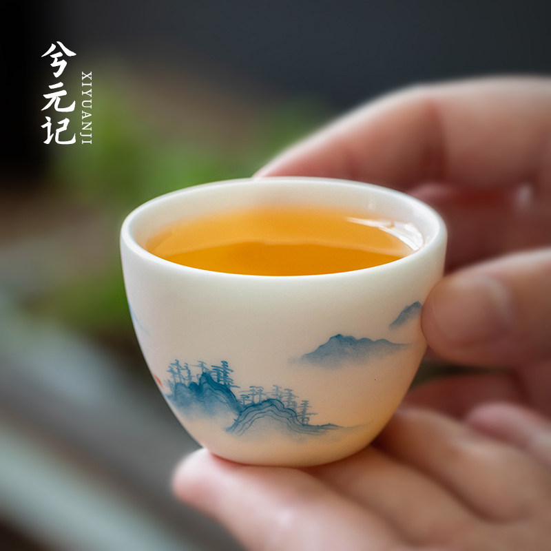 速发手绘画水山品茗杯家用素烧羊脂玉瓷功夫茶主杯人杯单个高档陶,餐饮具,茶杯,淘宝优惠券,粉丝福利购,淘宝优惠卷