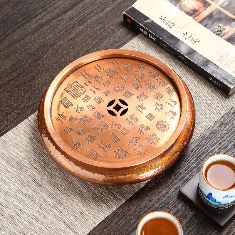 速发纯铜建茶壶承干泡盘大号手工复古功夫茶盘铜船茶托茶承铜黄水