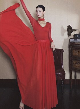 速发WYZ盖盖中国大红色服蹈舞V领性感气质蹈演服舞表裙网纱连体衣