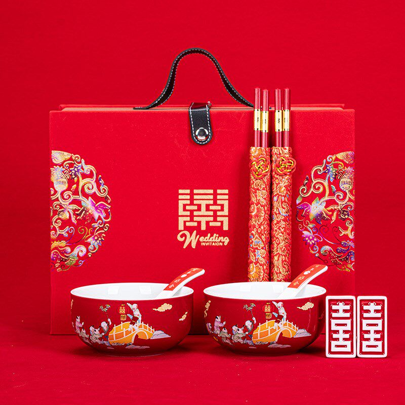 速发婚喜庆碗陪嫁套装红碗结婚对碗红色碗一对装礼盒装寿碗寿礼鸳