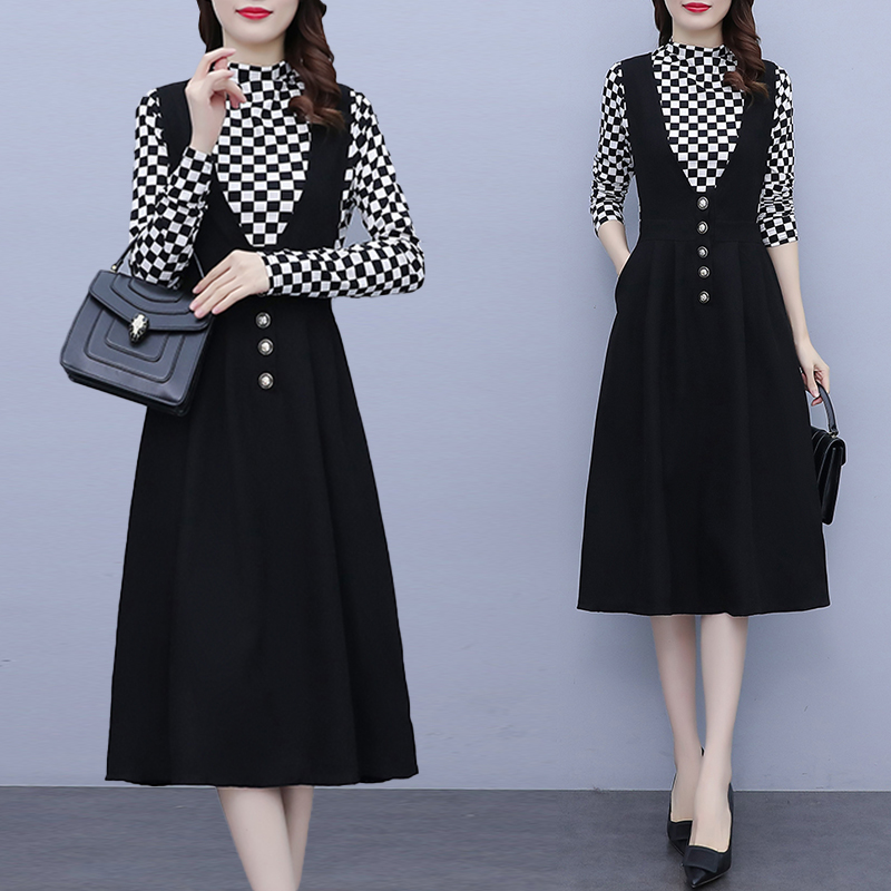 速发大尺码装春秋新款202年半套领格子衫两件高中版长法式袋洋装