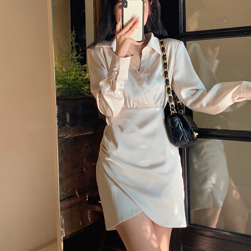速发大码纯欲高级感缎皱褶面收腰op连衣裙早春辣妹裙