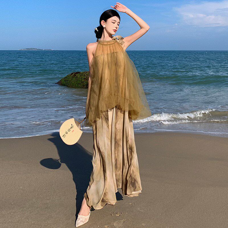 速发高级感挂脖网纱扎染假两件连衣裙夏法式气质飘逸仙气度假裙