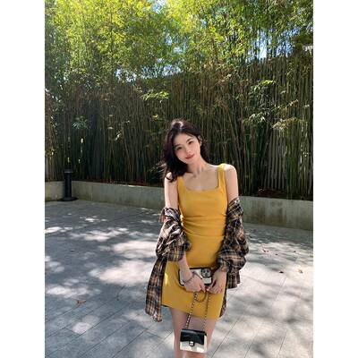 alex s褶teveHDN腰s肯豆方领皱收吊带洋装性感包臀裙女春夏季n裙