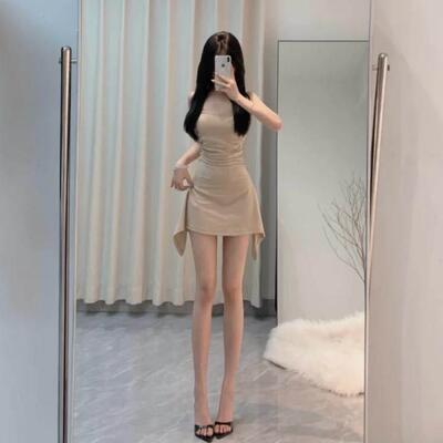 胸垫纯欲褶皱掐腰辣妹显修身百搭白A字JAW鱼尾抹胸连短衣裙裙带子