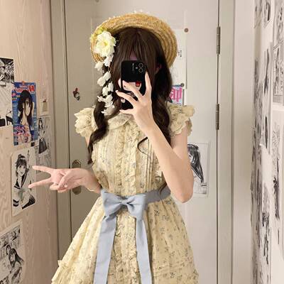 东京岁时记J蓝K色碎花连衣女夏小DJC52621个系带裙子蝴蝶结公主裙