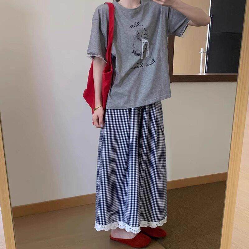 格直子亚麻休闲裙裤夏薄款高级XZS女感大尺胖mm高腰显瘦筒宽码裤