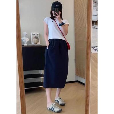 藏青色山系休女闲 半身裙夏 季薄款抽绳高腰Y2024070宽松开 速叉