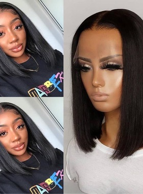 欧美非假发女黑色短直发中分Bobo波波头高温丝化纤发前蕾丝头套