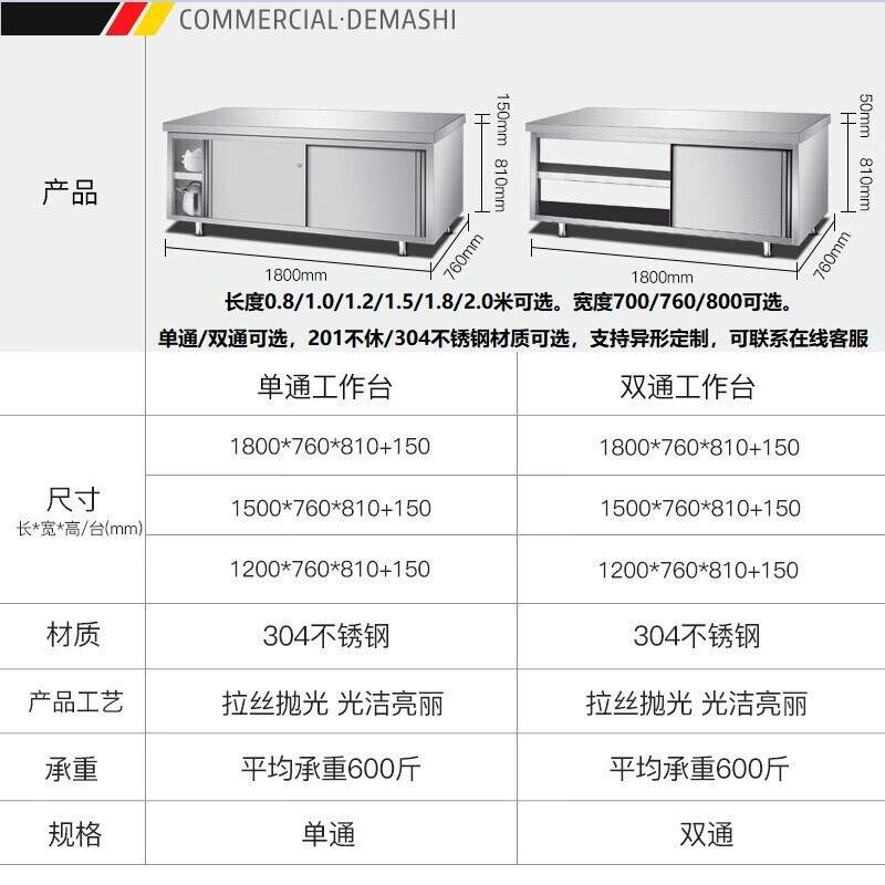 德玛仕不锈钢工作柜单通打荷台双通操作台结实耐用切菜台201#304#
