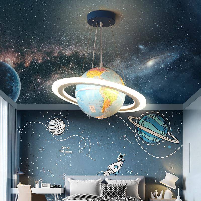 LED儿童房吊线灯创意卡通真实地理地球仪装饰星球男孩卧室灯