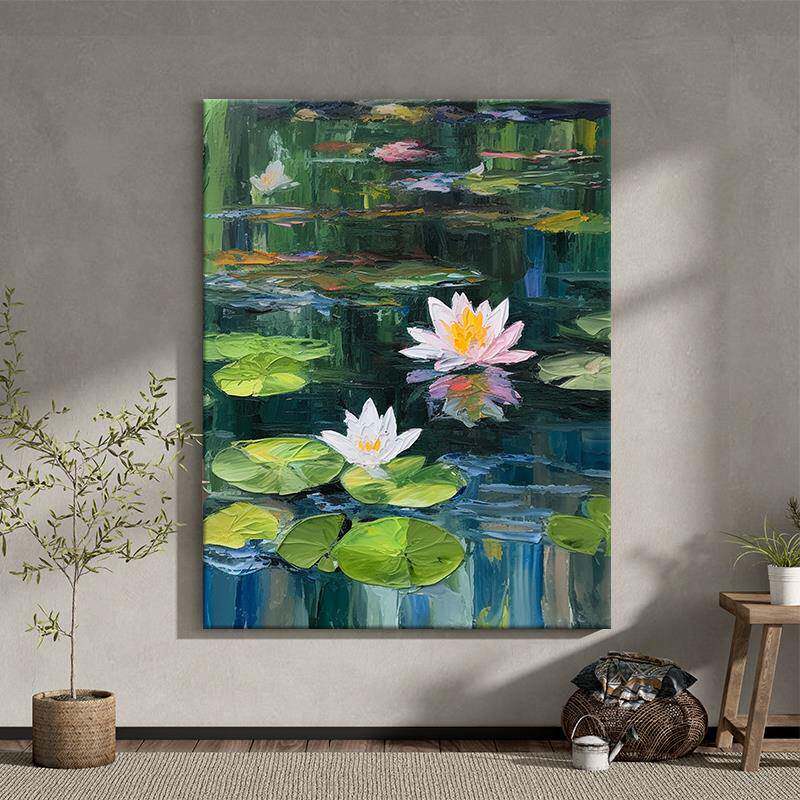 大芬油画村荷花卉立体挂画客厅印象派肌理装饰画玄关手绘睡莲壁画