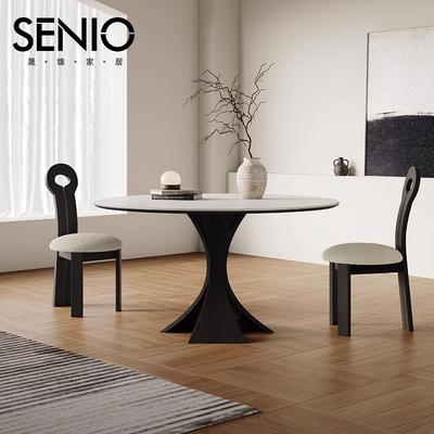 法式实木岩板圆形餐桌椅组合现代简约家用小户型纯白餐厅复古饭桌