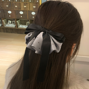 【我的脸很圆】韩系学院风灰色波点蝴蝶结弹簧夹半扎发温柔飘带夹
